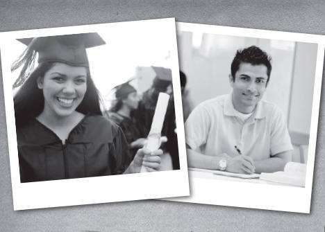 Two pictures of a woman graduating and a man studying respectively