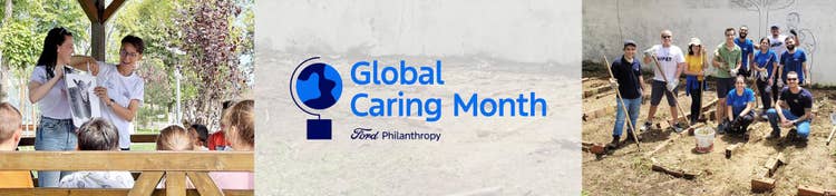 First image: Outdoors under a shelter, two persons display drawing of sheep to six children. Second image: Global Caring Month Ford Philanthropy logo. Third image: Ten persons outside in casual workwear in front of an in-progress mural, surrounded by scattered bricks and holding shovels.
