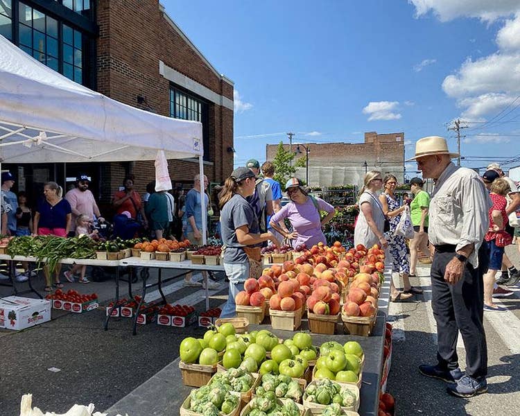 Farmer stand outside brick Eastern Market shed. Adult male looks at peaches with green tomatoes and Brussel sprouts to the left. Nearby another customer talks with the vendor. Many customers walk on the pathways between the sheds and near racks of plants and tables filled with vegetables.