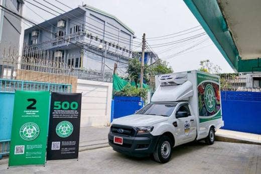 A food delivery truck parked at the city