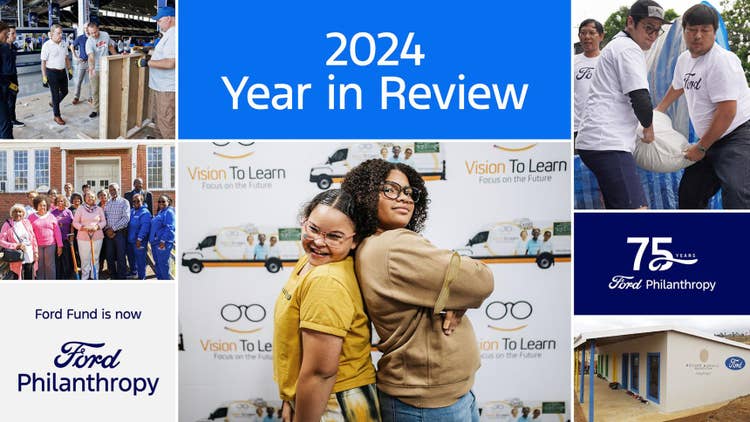 Banner with 2024 Year in Review white text on Ford blue background above image of two young females standing back-to-back, glancing at the camera, in front of a Vision To Learn backdrop, centered, surrounded by images from select stories including people and text of name change and 75th anniversary.