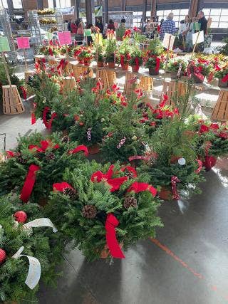 About a dozen greenery arrangements sit on the floor with pinecones and red bows. Dozens more small greenery arrangements are on makeshift tabletops.