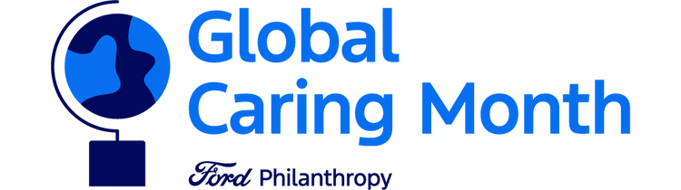 Global Caring Month Ford Philanthropy logo featuring a globe