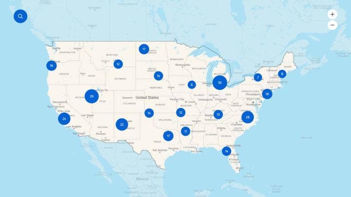 Map with hotspots all over the US to mark partner projects